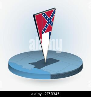 Mississippi-Karte im runden isometrischen Stil mit dreieckiger 3D Flagge des US-Bundesstaates Mississippi, Vektorkarte in blauer Farbe. Stock Vektor