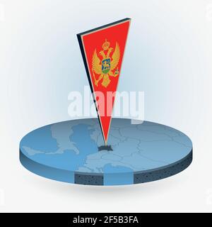 Montenegro Karte im runden isometrischen Stil mit dreieckiger 3D Flagge von Montenegro, Vektorkarte in blauer Farbe. Stock Vektor