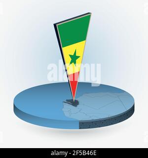 Senegal Karte im runden isometrischen Stil mit dreieckiger 3D Flagge von Senegal, Vektorkarte in blauer Farbe. Stock Vektor