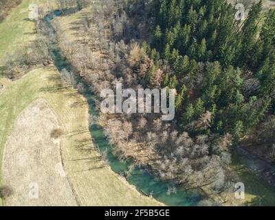Luftaufnahme eines gewundenen Flusses. Luftaufnahme eines türkisfarbenen Flusses, der durch einen Nadelwald fließt. Stockfoto