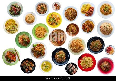 Flach Lay Collage von vielen beliebten chinesischen Essen Abendessen isoliert Auf weißem Hintergrund Stockfoto