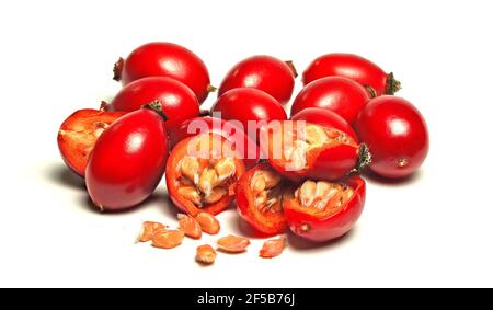 Rosehips Rosa Canina Früchte , einige in halb Samen sichtbar geschnitten, isoliert auf weißem Hintergrund. Stockfoto