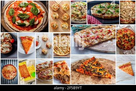 Collage von verschiedenen Arten von Pizza und Belag Stockfoto