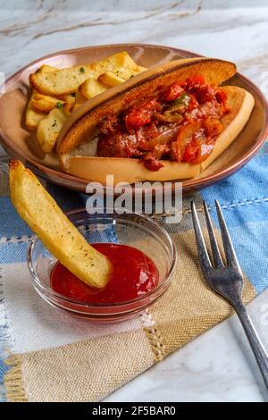 Wurst Zwiebeln und Paprika hoagie Sandwich mit Seite Steak Pommes Stockfoto