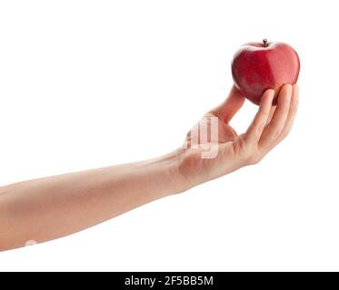 Rot köstlichen Apfel in der Hand Weg isoliert auf weiß Stockfoto