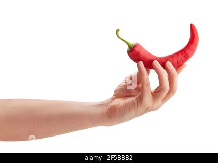 Chilischote in der Hand Weg isoliert auf weiß Stockfoto