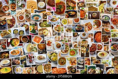 Riesige Collage aus vielen beliebten Suppen und Eintöpfen Auf der ganzen Welt Stockfoto
