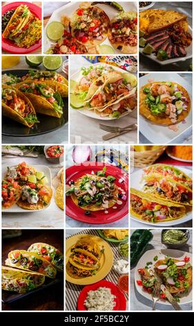 Vielfalt an verschiedenen mexikanischen Taco-Rezepte in Collage für Menü Hintergrund Stockfoto