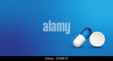 Pillen. Medicine Tabletten isoliert auf Hintergrund, verschiedene runde und längliche Drogen Sammlung Vektor Illustration. Stock Vektor