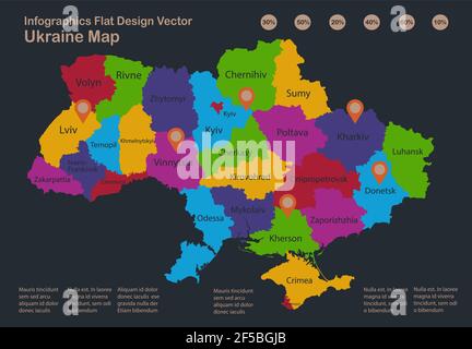 Infografiken Ukraine Karte, flache Designfarben, mit Namen der einzelnen Regionen, blauer Hintergrund mit orangenen Punkten Vektor Stock Vektor