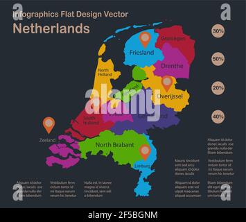 Infografiken Niederlande Karte, flache Designfarben, mit Namen der einzelnen Regionen, blauer Hintergrund mit orangenen Punkten Vektor Stock Vektor