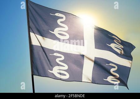 Martinique Flagge winkt auf dem Wind vor der Sonne Stockfoto