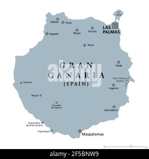 Graue politische Landkarte von Gran Canaria mit der Hauptstadt Las Palmas und wichtigen Städten. Grand Canary Island, Teil von Spanien. Stockfoto
