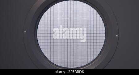 Detail eines Bullauge-Fensters mit schwarzem Rahmen und transluzent Glas mit Drähten verstärkt Stockfoto