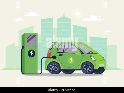 Batterie-EV-Fahrzeug angeschlossen und Strom aus erneuerbaren Energieerzeugungen. Fahrzeug wird geladen. Elektroauto auf Ladestation vor dem Hintergrund der Stadt.Vektorgrafik, flach. Stock Vektor