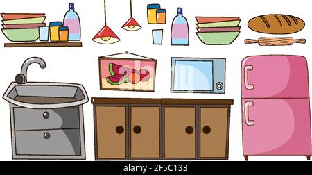 Set von Küchengeräten Doodle Cartoon-Stil auf weißem Hintergrund Abbildung Stock Vektor