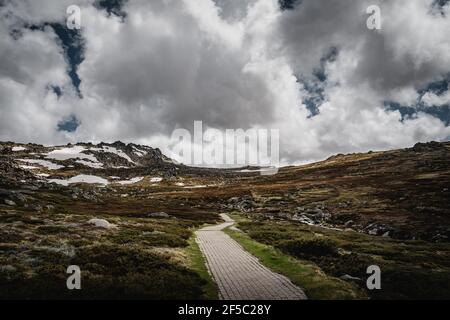 Panoramische alpine Landschaft auf dem Kosciuszko Wanderweg im Kosciuszko Nationalpark. Stockfoto