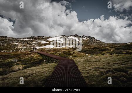 Panoramische alpine Landschaft auf dem Kosciuszko Wanderweg im Kosciuszko Nationalpark. Stockfoto