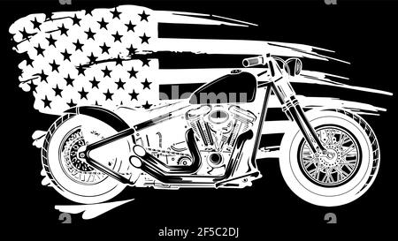 Weiße Silhouette von Chopper Motorrad mit amerikanischer Flagge auf schwarz Hintergrund Stock Vektor