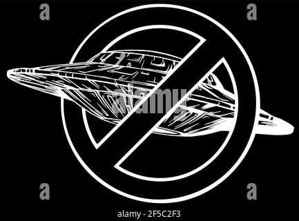 Weiße Silhouette von ufo mit Symbol des Verbots auf schwarz Hintergrund Stock Vektor