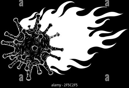 Weiße Silhouette des Corona Virus brennt mit Flammen auf schwarz Hintergrund Stock Vektor