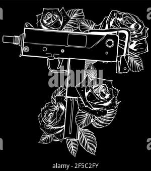 Weiße Silhouette von Waffen Uzi mit roten Rosen auf schwarz Hintergrund Stock Vektor