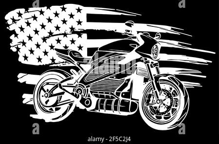 Weiße Silhouette von Motorrad mit amerikanischer Flagge auf schwarzem Hintergrund Stock Vektor