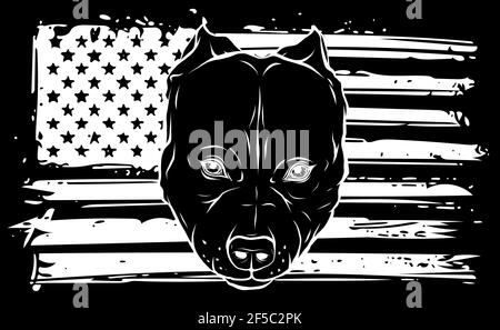 Weiße Silhouette von Head Bully Dog mit amerikanischer Flagge Stock Vektor