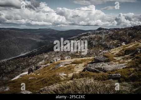 Panoramablick auf den Kosciuszko Nationalpark zu Fuß den Start des Dead Horse Gap Track. Stockfoto