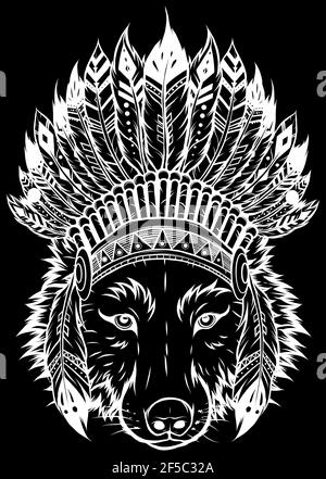 Weiße Silhouette von indischen Wolf mit Federn Hut Vektor-Illustration Stock Vektor