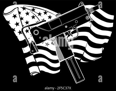 Weiße Silhouette von Waffen Uzi mit ameican Flagge Vektor Illustration Stock Vektor