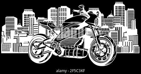 Weiße Silhouette der Stadtlandschaft mit schnellen Motorrad-Vektor-Illustration Stock Vektor