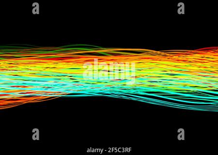 3D Illustration des Designs farbenfrohe abstrakte digitale Klangwelle auf schwarzem Hintergrund. Spracherkennung, Equalizer, Audiorecorder. Mikrofontaste Stockfoto