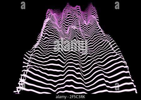 3D Illustration von rosa leuchtenden Farblinien. Musikalische Linienausgleichsgeräte auf schwarzem, isoliertem Hintergrund Stockfoto