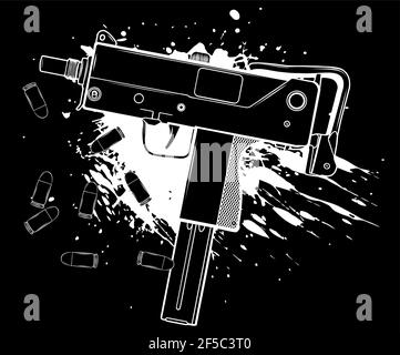 Weiße Silhouette der Armee Uzi Waffe mit Kugeln ad Blut Stock Vektor