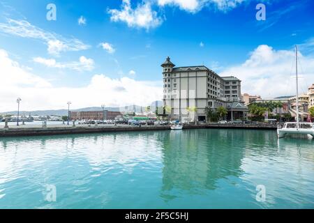 Blick auf Caudan Waterfront, Mauritius. Stockfoto