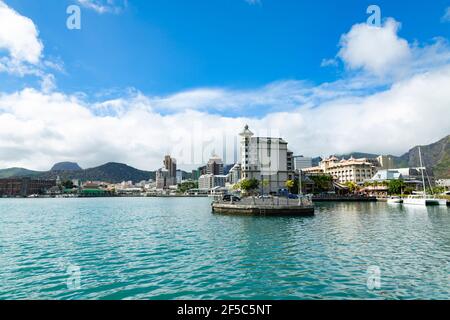 Blick auf Caudan Waterfront, Mauritius. Stockfoto