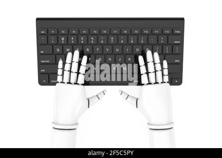 Schwarze moderne Computertastatur mit Roboterhänden auf weißem Hintergrund. 3D Rendering Stockfoto