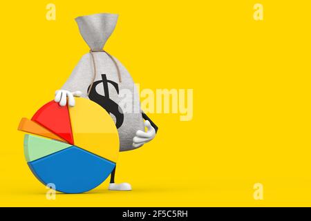 Gebunden Rustikale Leinwand Leinen Geld Sack oder Geldbeutel und Dollar Zeichen Maskottchen mit Info Grafiken Business Tortendiagramm auf einem gelben Hintergrund. 3D Ren Stockfoto