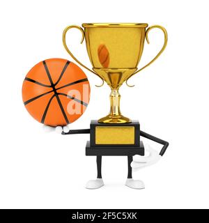 Golden Award Winner Trophy Maskottchen Person Charakter mit Basketball Ball auf weißem Hintergrund. 3D Rendering Stockfoto