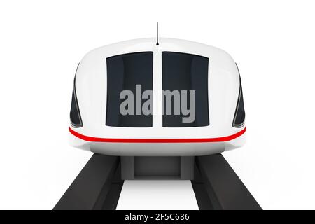 Vorderansicht des Super High Speed Futuristic Commuter Train auf weißem Hintergrund. 3D Rendering Stockfoto