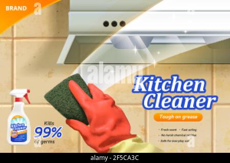 Küchenreiniger Spray Ad-Vorlage, realistische Hand tragen Gummihandschuh mit einem Teppich Reinigung Fliesenwand in der Küche und Kamin Oberfläche, 3D Abbildung. Stock Vektor