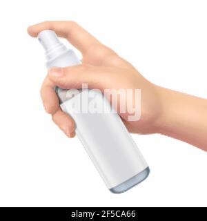 3D Abbildung der realistischen Hand halten weißen Kunststoff-Sprühflasche Isoliert auf weißem Hintergrund Stock Vektor