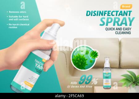 Desinfektionsmittel Spray ad Vorlage in 3D Abbildung, Flasche in der Hand Sprühen Desinfektionsmittel auf Sofa mit Nahaufnahme von Bakterien oder Viren Stock Vektor