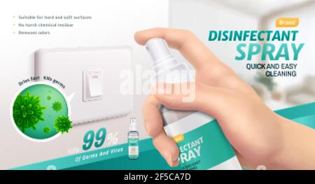 Desinfektionsmittel Spray ad Vorlage, Flasche in der Hand gehalten Sprühen Desinfektionsmittel auf Lichtschalter mit Nahaufnahme von Bakterien, 3D Abbildung Stock Vektor