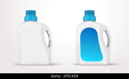 3D Abbildung eines Plastikflaschen-Sets mit Griff und Schraubverschluss. Verpackungsschablone für Bodenreiniger oder Flüssigwaschmittel auf weißem Hintergrund isoliert. Stock Vektor