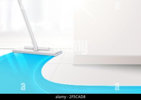 3D Abbildung eines realistischen Wischbodens, der auf der gereinigten Oberfläche eine blaue Farbe macht. Wischen Sie den weißen Fliesenboden im Innenbereich ab. Stock Vektor