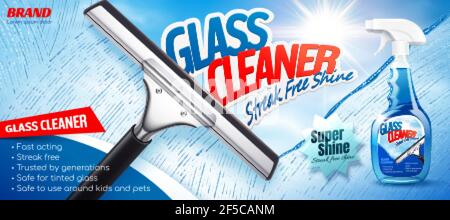 Glasreiniger Anzeige in 3D Abbildung, Reinigung Glas mit einem Rakel mit strahlendem Sonnenschein. Verpackungsdesign der Sprühflasche. Stock Vektor