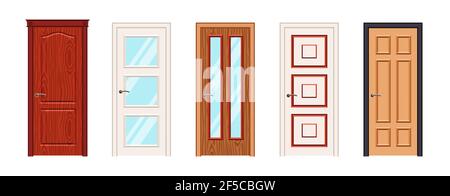 Innen- oder Eingangstüren isoliert auf weißem Hintergrund. Fünf Vektortüren in rot, Holz, beige, braun. Realistische Vektortüren mit oder ohne g Stock Vektor