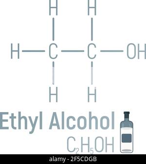 Ethylalkohol Konzept chemische Formel Icon Label, Text Schriftart Vektor Illustration, isoliert auf weiß. Periodensystem, Suchtmittel-Stu Stock Vektor